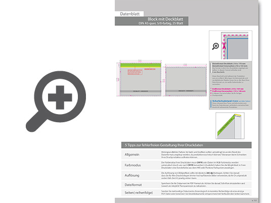 Product Bild block_mit_leimbindung_und_deckblatt__din_a5_quer__25_blatt__4_0_farbig_einseitig_bedruckt